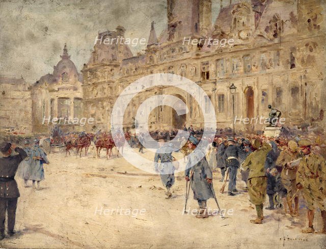 The disabled attend the funeral of General Gallieni, on Place de l'Hotel-de-Ville (June 1, 1916). Creator: Ernest Jean Delahaye.