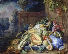 Still Life with Vegetables and Fruit before a Garden Balustrade, 1658. Creator: Cornelis de Heem.