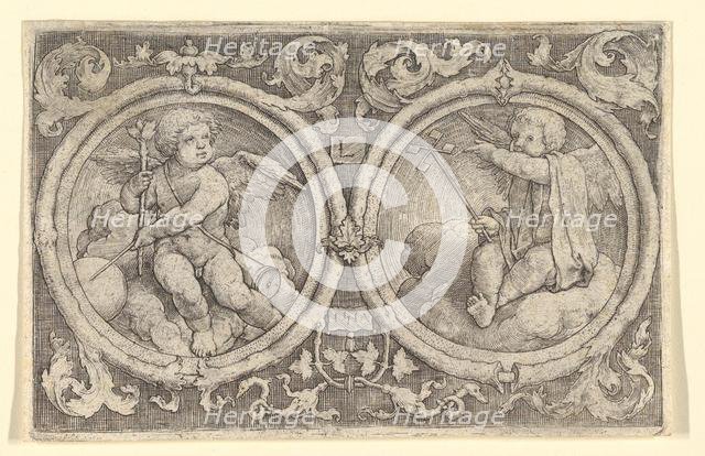Two Putti Seated in Clouds in Circles with Tendrils, 1517. Creator: Lucas van Leyden.