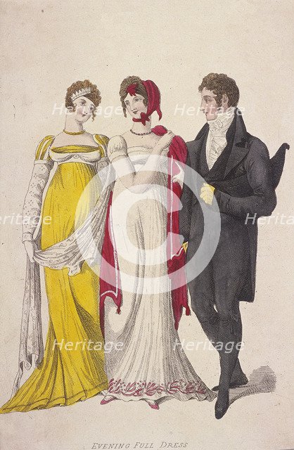 Two women and a man wearing full evening dress, c1810. Artist: W Read