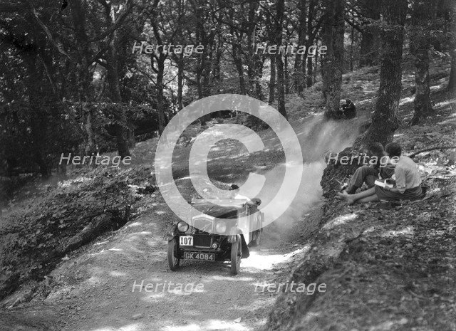 Wolseley Hornet McEvoy Special, B&HMC Brighton-Beer Trial, Fingle Bridge Hill, Devon, 1934. Artist: Bill Brunell.