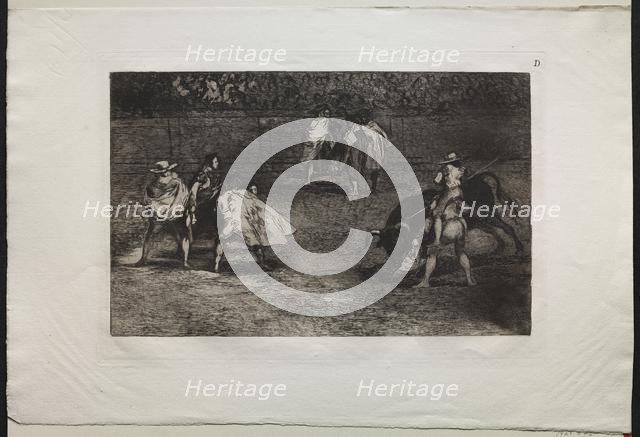 Bullfights: A Bullfighter Mounted on the Shoulders of an Assistant, Spearing a Bull, 1876. Creator: Francisco de Goya (Spanish, 1746-1828).