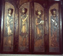Frame of a polyptych with the three magi and the Virgin, probably a Catalan work. The polyptych h…