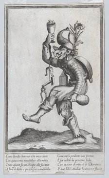 A caricature figure (a carpenter?) with a toad on his nose, carrying various implem..., ca. 1640-60. Creator: Anon.