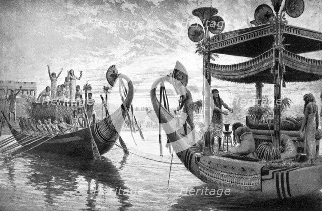 The mummy of Tutankhamun crossing the Nile for the last time, Egypt, 1325 BC (1933-1934). Artist: Unknown