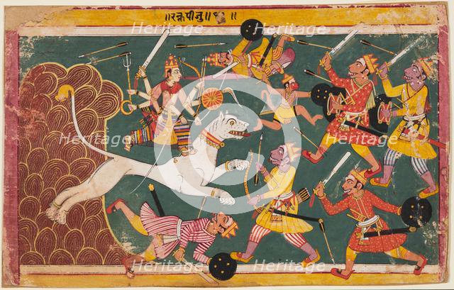 A page from the Devi-Mahatmya: The Goddess as the Drinker of the Demon Raktabija, c. 1640. Creator: Unknown.