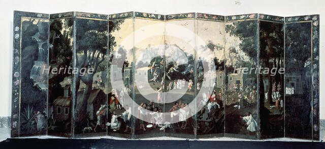 'El Palo Volador', oil-painted screen belonging to the Mexican culture, 17th century. Creator: Unknown.