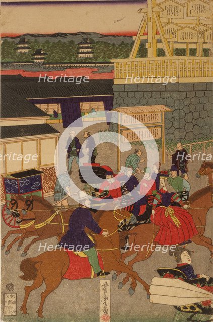 Flourishing Nihonbashi section of Tokyo. (Tokyo Nihonbashi han ei no zu) Triptych. Artist: Yoshitora, Utagawa (active 1850-1880)