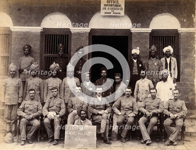 Staff who work in the jail or gardens for the Karachi Plague Committee, India, 1897. Creator: Unknown.