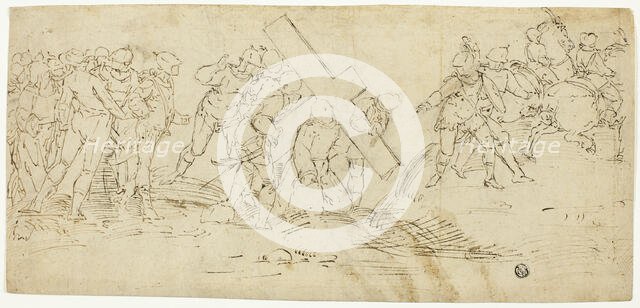 Via Crucis; Christ Falling Beneath the Cross (recto) Sketch of Male Nude (verso), 1560/70. Creator: Unknown.