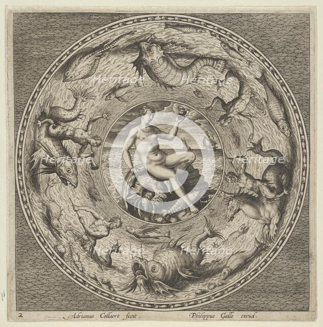 Design for a Plate with Thetis on a Shell in a Medallion Bordered by Sea Monsters, c1600. Creator: Adriaen Collaert.