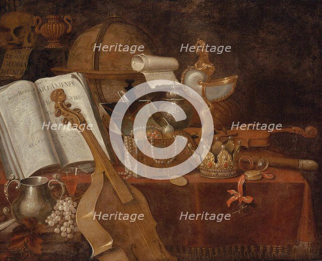 A vanitas still life with an open book, a globe, a nautilus goblet, a violin and precious objects ,  Creator: Collier, Edwaert (1642-1708).