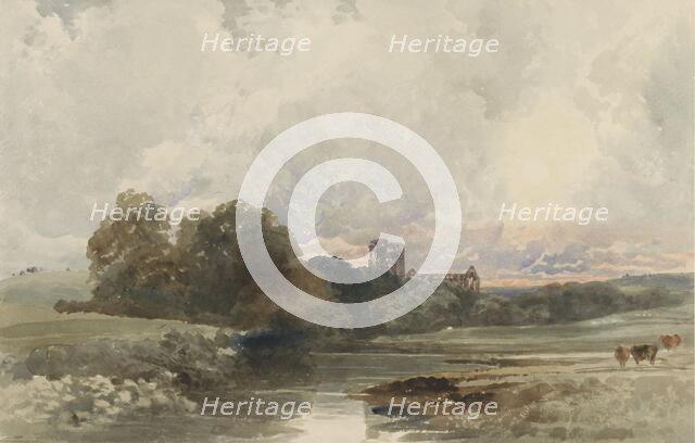 Evening landscape with the ruins of Kirkstall Abbey, Yorkshire, 1794-1849. Creator: Peter de Wint.