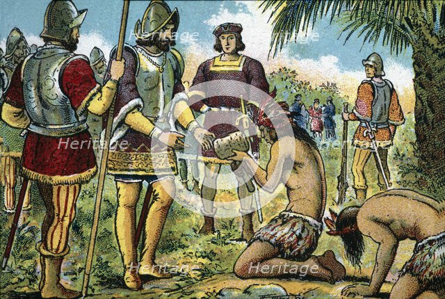 Discovery of America, third voyage, the cacique of Cativo presents presents to the..., 15th cent. Creator: Mestre, Albert.