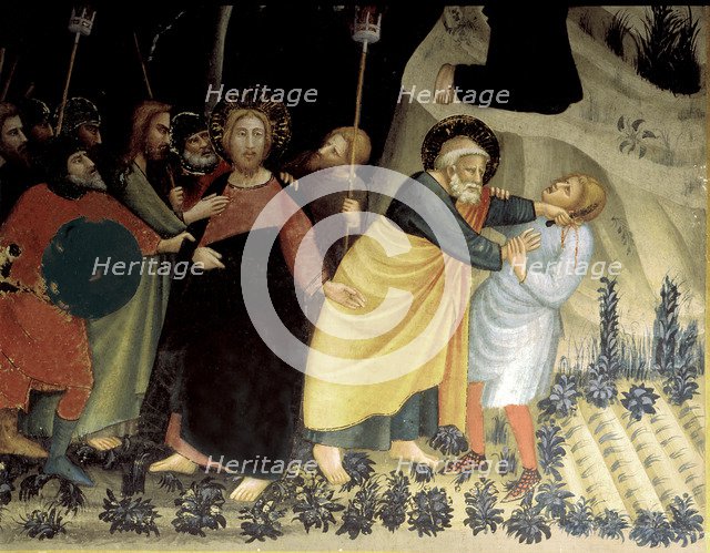  'Arrest of Jesus in the Garden of Gethsemane' detail of Paintings by Ferrer Bassa, preserved fre…