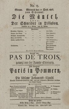 Theater playbill for "Die Mäntel, oder Der Schneider in Lissabon" and "Paris in Pommern..., c1826. Creators: Carl Blum, Eugène Scribe.