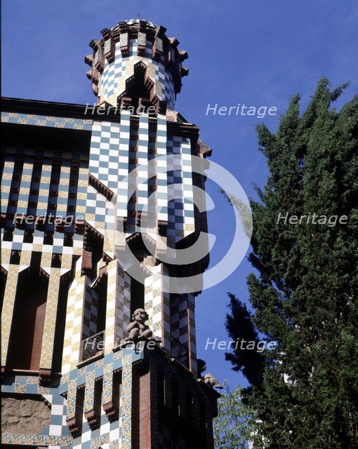 Detail of the top of the façade of the Vicens House, 1883-1888, designed by Antonio Gaudi.