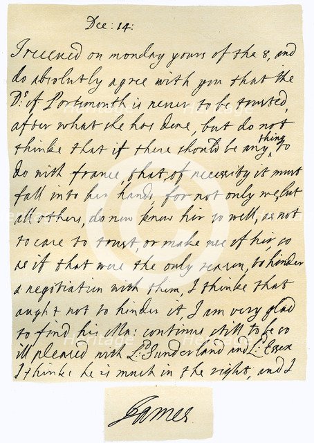 Letter from James II to his brother-in-law, Lawrence Hyde, late 17th century.Artist: King James II
