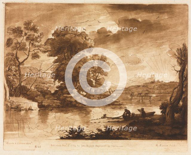 Liber Veritatis: No. 68, A Landscape at Sunset with Fishermen Drawing a Net, 1774. Creator: Richard Earlom (British, 1743-1822); John Boydell.