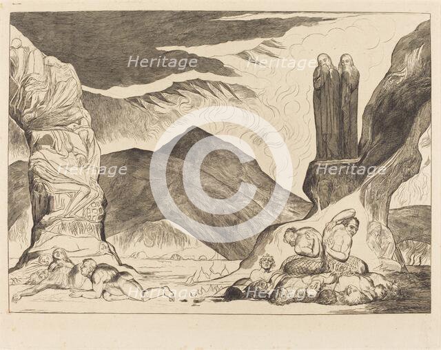 The Circle of the Falsifiers: Dante and Virgil Covering their Noses because of the stench, 1827. Creator: William Blake.