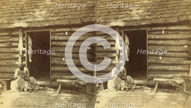 An hour's hunting. [Woman checking a girl's head for lice in front of cabin], (1868-1900?). Creator: O. Pierre Havens.