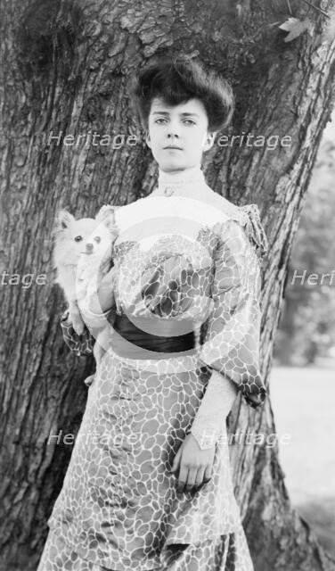 Alice Roosevelt Longworth, three-quarter length portrait, standing in front of tree...dog, c1902. Creator: Frances Benjamin Johnston.