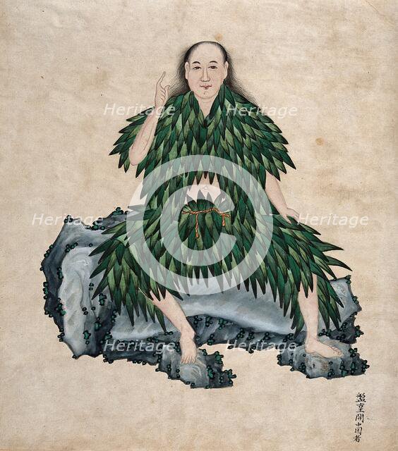 Shen Nung seated on a rock, wearing simple garments fashioned from leaves, 1800-1899. Creator: Unknown.