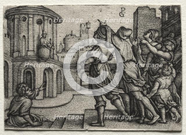 Virgil hanging in a Basket, c.1541-42. Creator: Georg Pencz (German, c. 1500-1550).