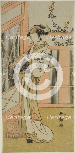 The Actor Nakamura Noshio I as Misao Disguised as a Komuso in the Play Kosode-gura..., c. 1772. Creator: Shunsho.