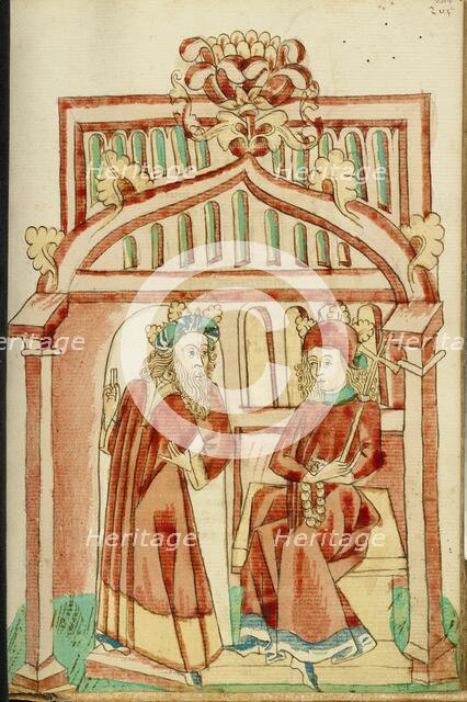 King Avenir Leaving the Enthroned Josaphat; Barlaam und Josaphat, 1469. Creators: Hans Schilling, Diebolt Lauber.