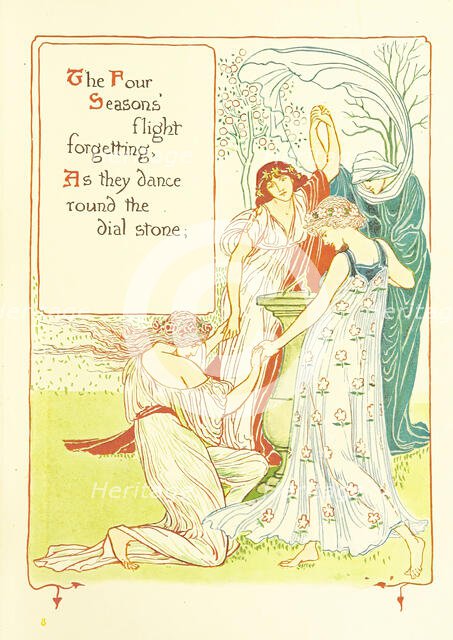 The Four Seasons' flight forgetting, As they dance round the dial stone, 1899.  Creator: Walter Crane.