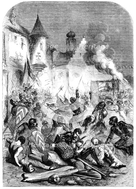 Combat between English and French knights in a square at Limoges. Artist: Unknown