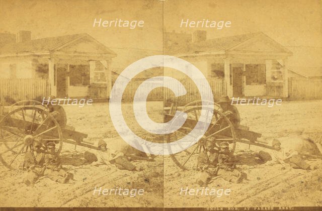 Uncle Bob at parade [rest?], [Man and children resting around an oxcart, in town], (1868-1900?). Creator: Unknown.