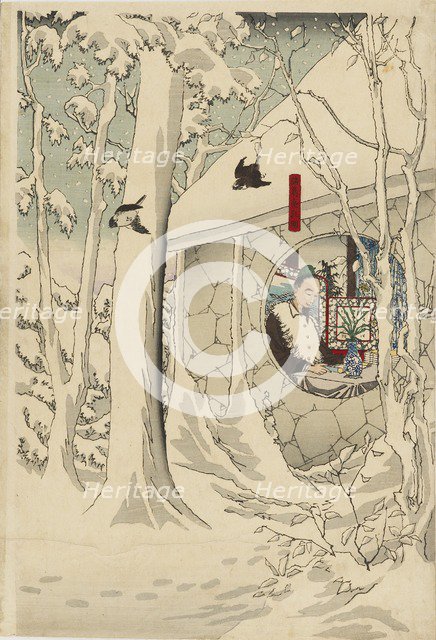 Woodblock print triptych - Gentoku visiting komei in his retreat, in a snowstorm, late 19th century. Artist: Tsukioka Yoshitoshi.