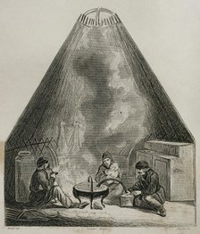 Inside view of a Kalmyk yurt, called gher, Russia, 1839.  Creator: Emile Louis Vernier.