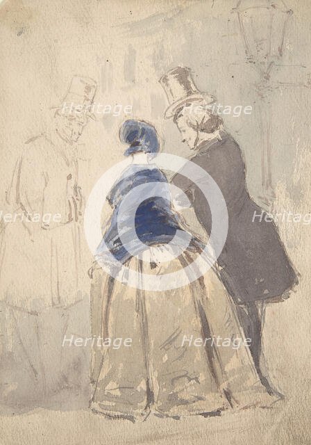 Street Scene from Vanity Fair, with Amelia, George Osborne and Dobbin (recto)..., 1800-1819. Creator: (?) Jerry Barret.