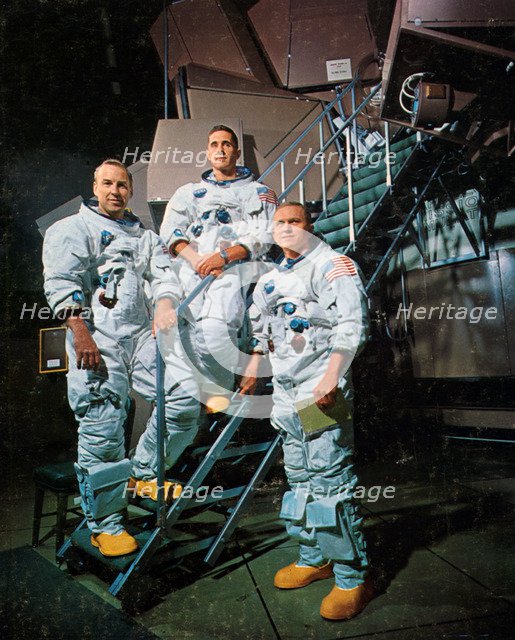 The crew of Apollo 8 in front of a simulator, 1968.Artist: NASA