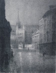 Nocturnal view of the Guildhall from the corner of Gresham Street, City of London, 1900.             Artist: Thomas Robert Way