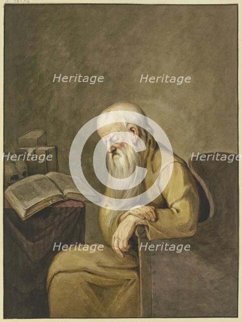 An old man with a long beard has fallen asleep in his chair while reading. Creator: Leffer.