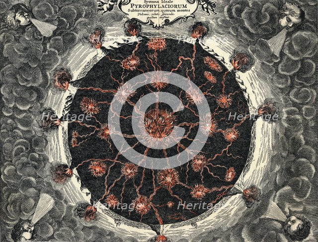 Sectional view of the Earth, showing central fire and volcanoes, 1665. Artist: Unknown