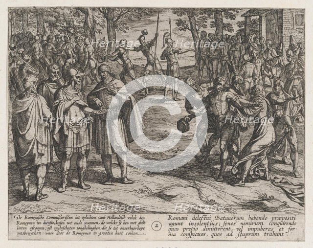 Plate 2: The Romans Taking Old Dutch Men as Hostages and Seducing Young Ones, from The War..., 1611. Creator: Antonio Tempesta.