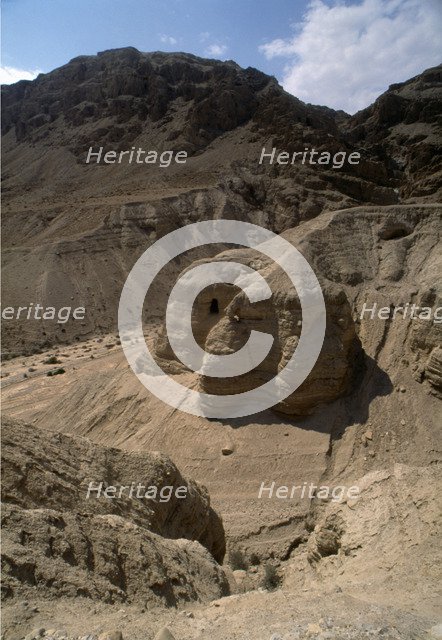 View of the mountains of Qumran in the Judean desert valley, the caves where ancient Hebrew texts…