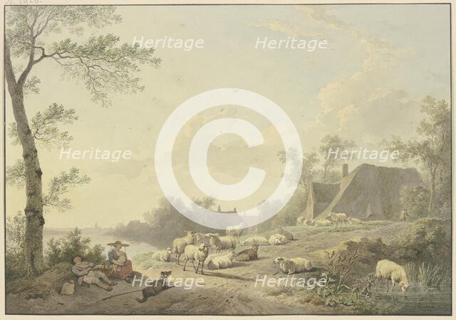 A flock of sheep by a path near farmhouses, 1803. Creator: Abraham Teerlink.