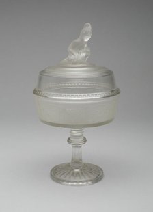 Westward Ho!/Pioneer pattern covered compote on pedestal, c. 1876. Creator: Gillinder & Sons.