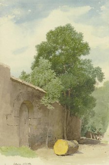 Sawed-off tree trunk in front of a wall at the Rothenburg Wildbad, 1869. Creator: Carl Theodor Reiffenstein.