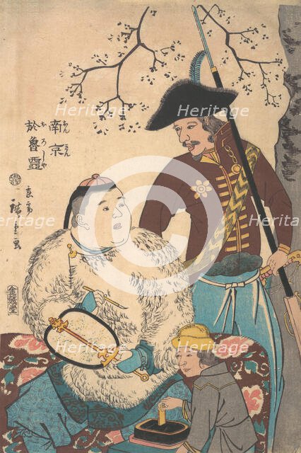 Russians and a Chinese Inscribing a Fan, 12th month, 1860. Creator: Utagawa Hiroshige II.
