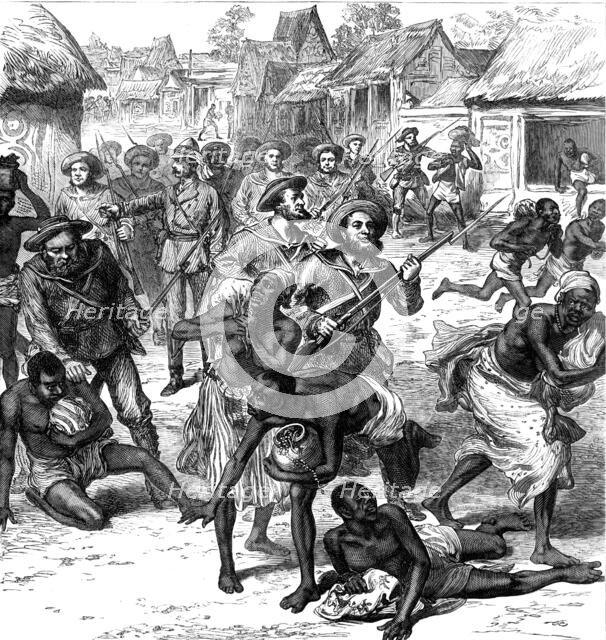 The Ashantee War: the Naval Brigade clearing the streets of Coomassie, by our special artist, 1874. Creator: Unknown.