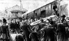 The Funeral of Mr. Gladstone: placing the body in the train at Broughton Hall Station, 1898. Creator: Unknown.