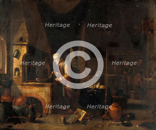 An alchemist in his laboratory, c1680s. Creator: Follower of David Teniers II.