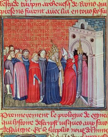 Charlemagne crowned Emperor of the West (800-814) enters in a church followed by prelates. Miniat…